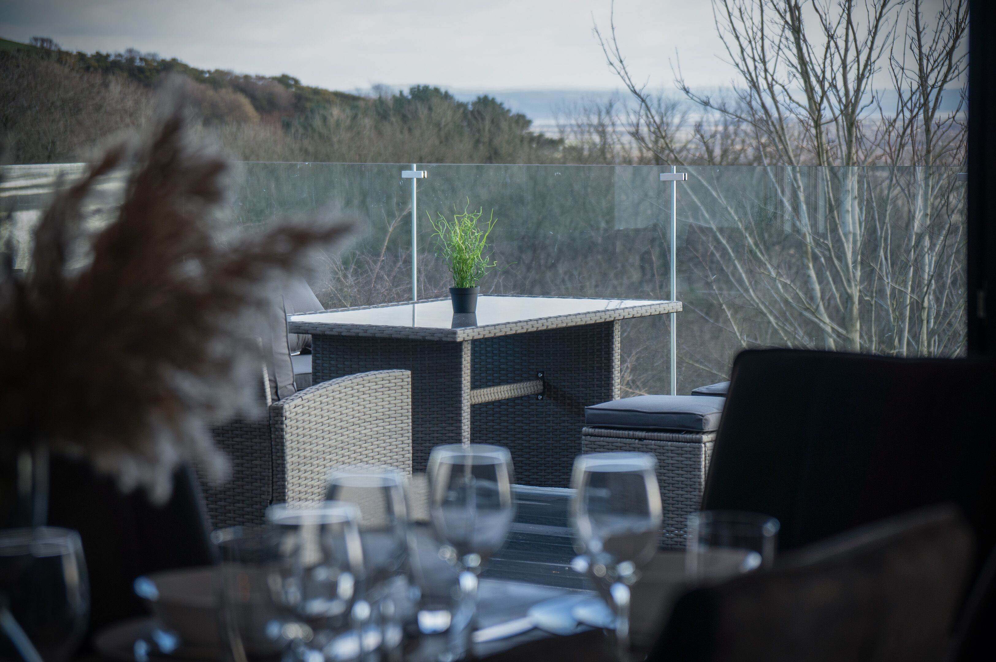 A dining area with a table set for two, a potted plant, and a view of the landscape.