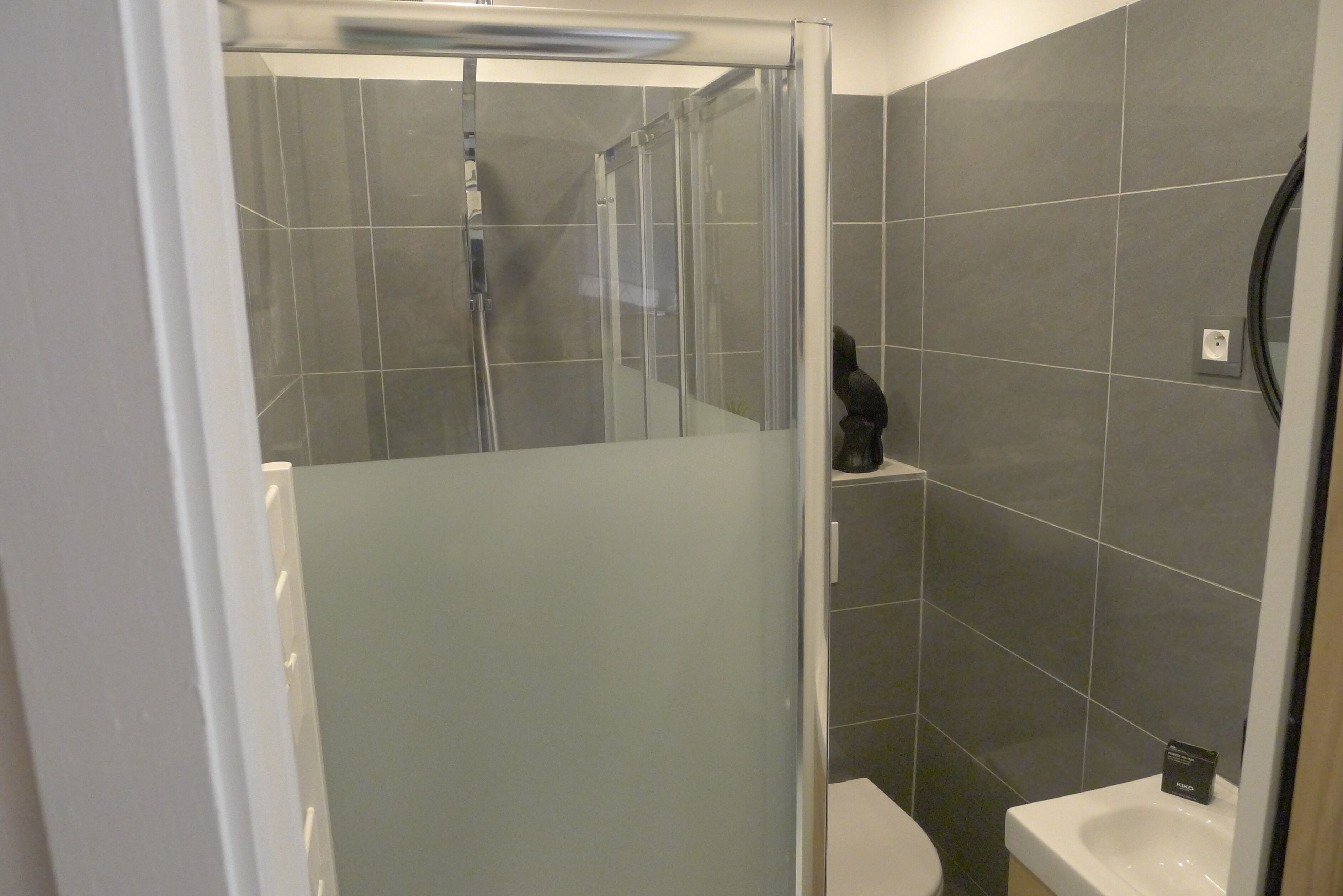 Une salle de bain moderne avec une douche à parois de verre, un lavabo blanc et des toilettes de couleur foncée.