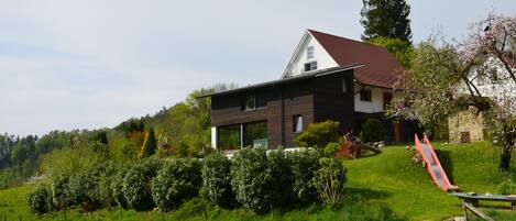 A modern two-story house with a red roof, surrounded by lush greenery and a small red slide.
