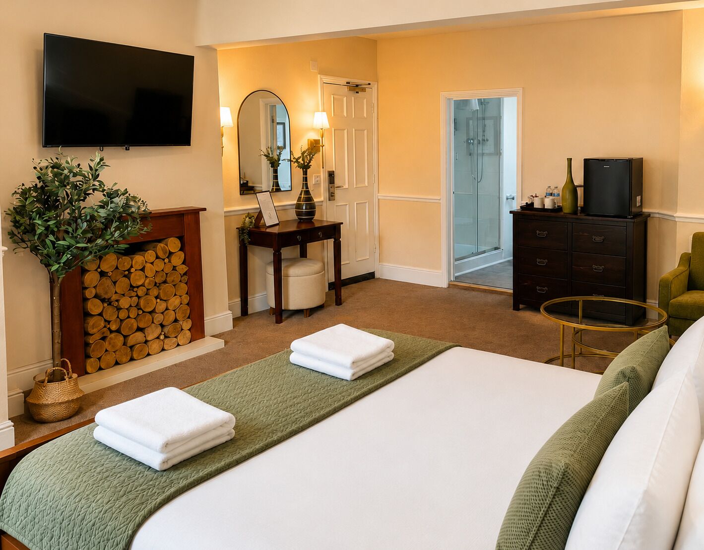 Habitación de hotel con cama, escritorio, televisión, espejo, chimenea con leña y puerta al baño.