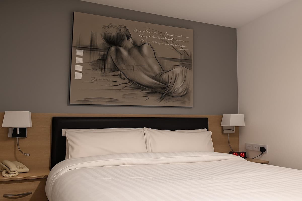 A hotel room with a large bed, two bedside lamps, a nightstand with a phone, and a wall-mounted painting.