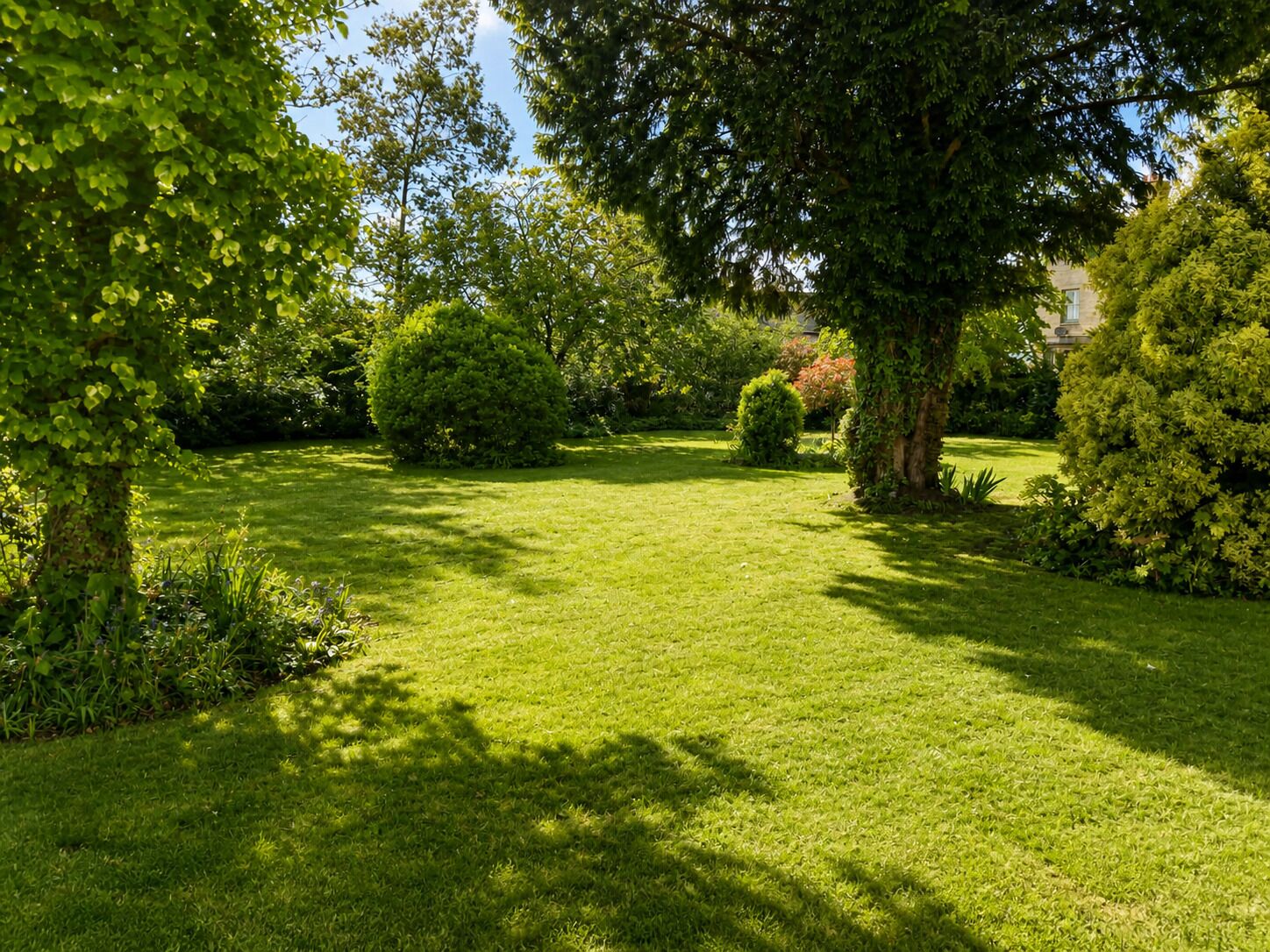 A well-maintained garden with a variety of trees and shrubs, a neatly trimmed lawn, and a clear sky.