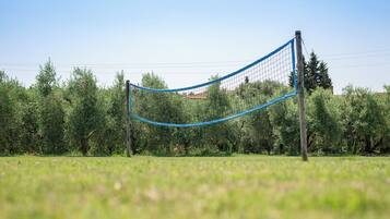 Un filet de volley-ball dans un champ herbeux, avec des arbres et un bâtiment en arrière-plan.
