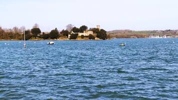 Experience the tranquility of a historic lakeside castle, surrounded by calm waters and lush trees.