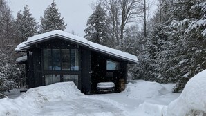 Ett snötäckt landskap med en stuga och en snötäckt bil som står parkerad framför.