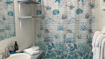 Combined shower/tub, hair dryer, towels, soap