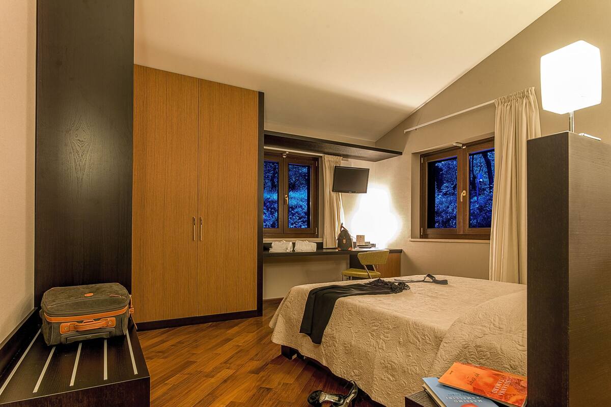 A hotel room with a bed, a desk, a chair, a suitcase, and a television.