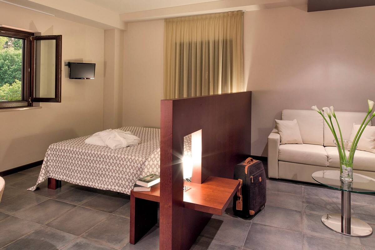 A hotel room with a bed, a desk, a sofa, a TV, and a window with curtains.