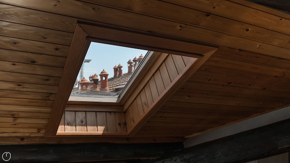 A skylight with a view of traditional architecture.