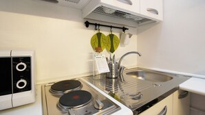 Een kleine keuken met een kookplaat, spoelbak en een wandrek voor het drogen van spullen.