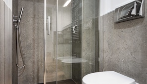 A modern bathroom with a glass shower enclosure, a white toilet, and a built-in sink.