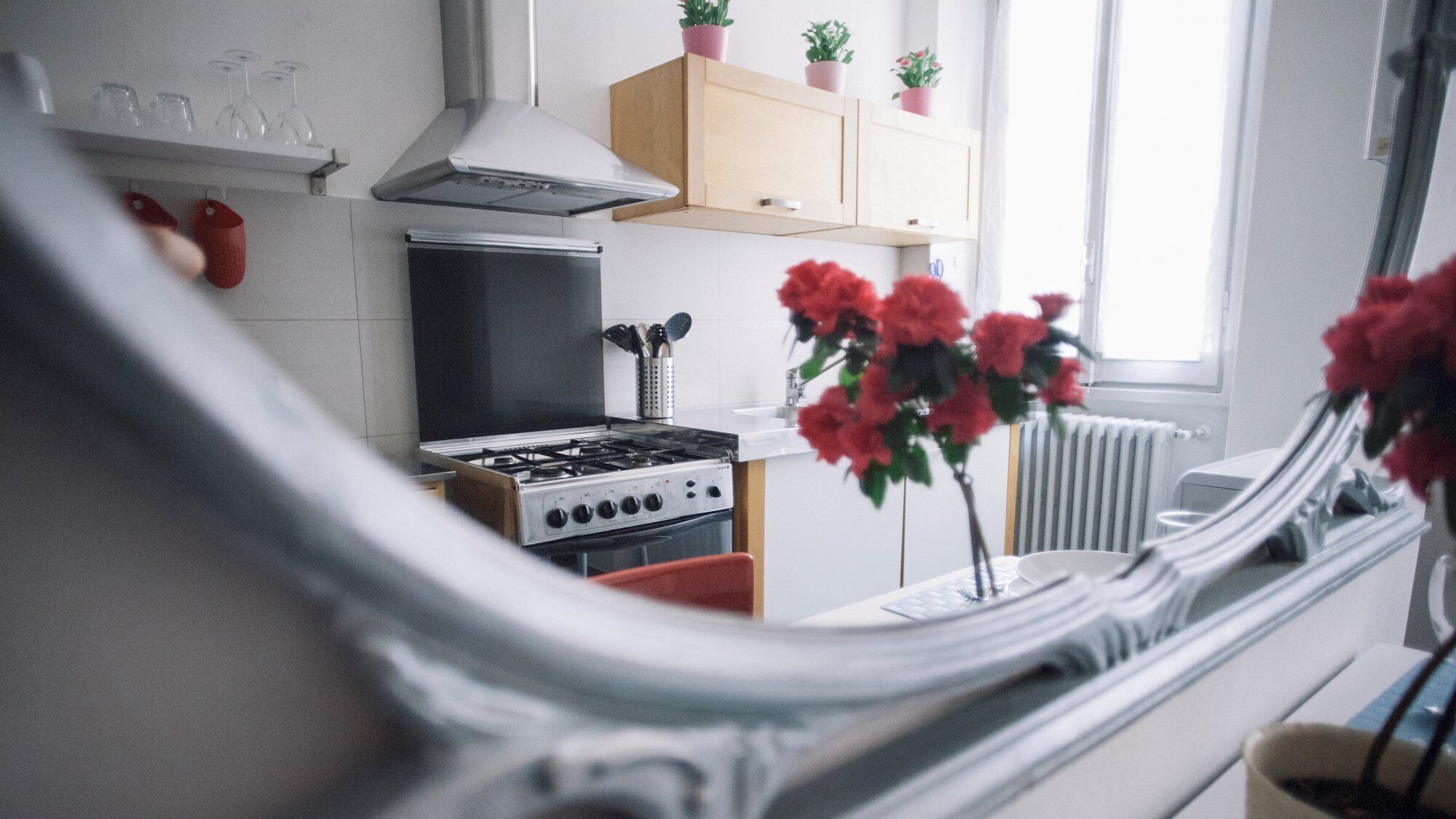 A modern kitchen with a gas stove, oven, and a built-in range hood. There is a window with a view of the outside, and a shelf with potted plants above the counter.