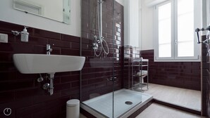 A modern bathroom with a glass shower enclosure, a white sink, and a mirror above it.
