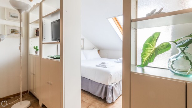 A compact room with a bed, a desk, and a window with a plant. - Washington 91 (Milan)