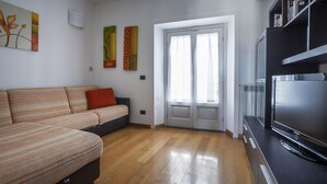 Una sala de estar con un sofá, un televisor y una estantería.