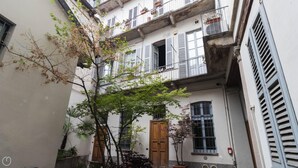 Un patio estrecho con puerta de madera, plantas en macetas y un árbol de hojas verdes.