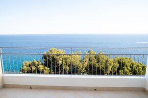 A balcony with a view of the sea and trees.