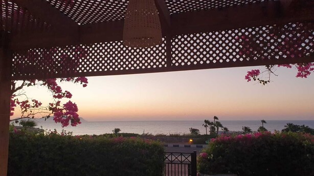 Blick durch eine Holzpergola, ein Tor führt zum Strand.