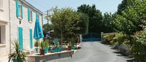 A narrow street with a building on the left, potted plants, and a blue gate at the end.
