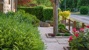 Un jardín bien cuidado con un sendero de grava, setos podados y una variedad de plantas.