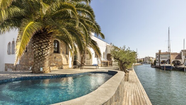 Une piscine bordée de pierres, une terrasse en bois et un palmier.