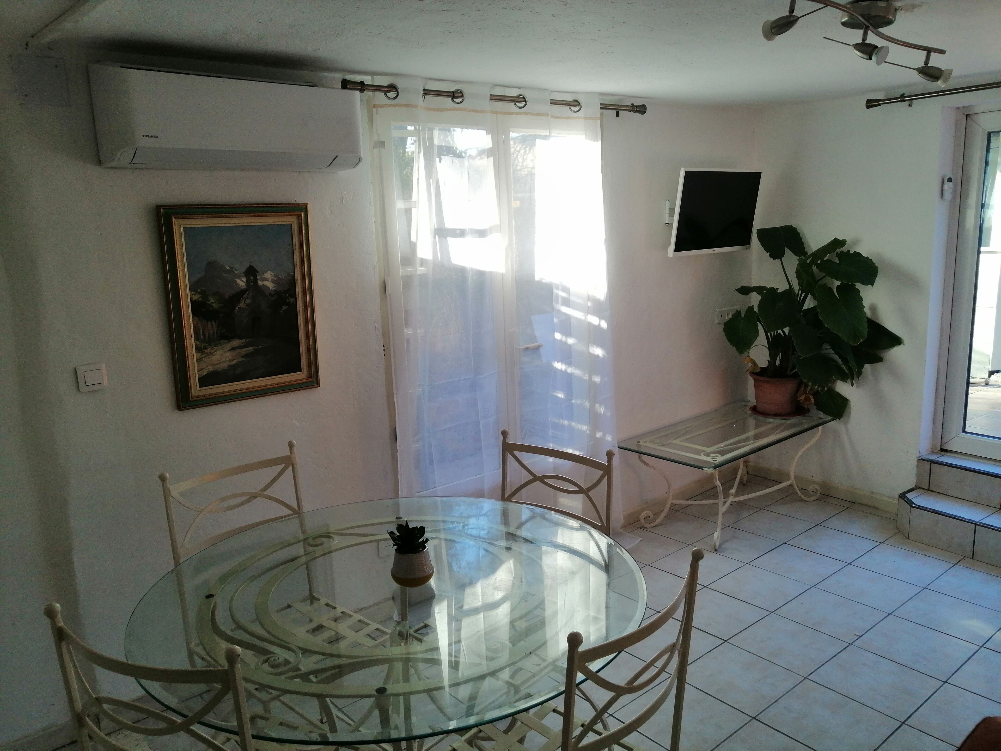 Un coin repas avec une table et des chaises en verre, une plante en pot, un tableau au mur et un ventilateur de plafond.