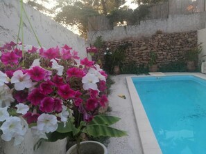 Una piscina con un muro de piedra y plantas en macetas.