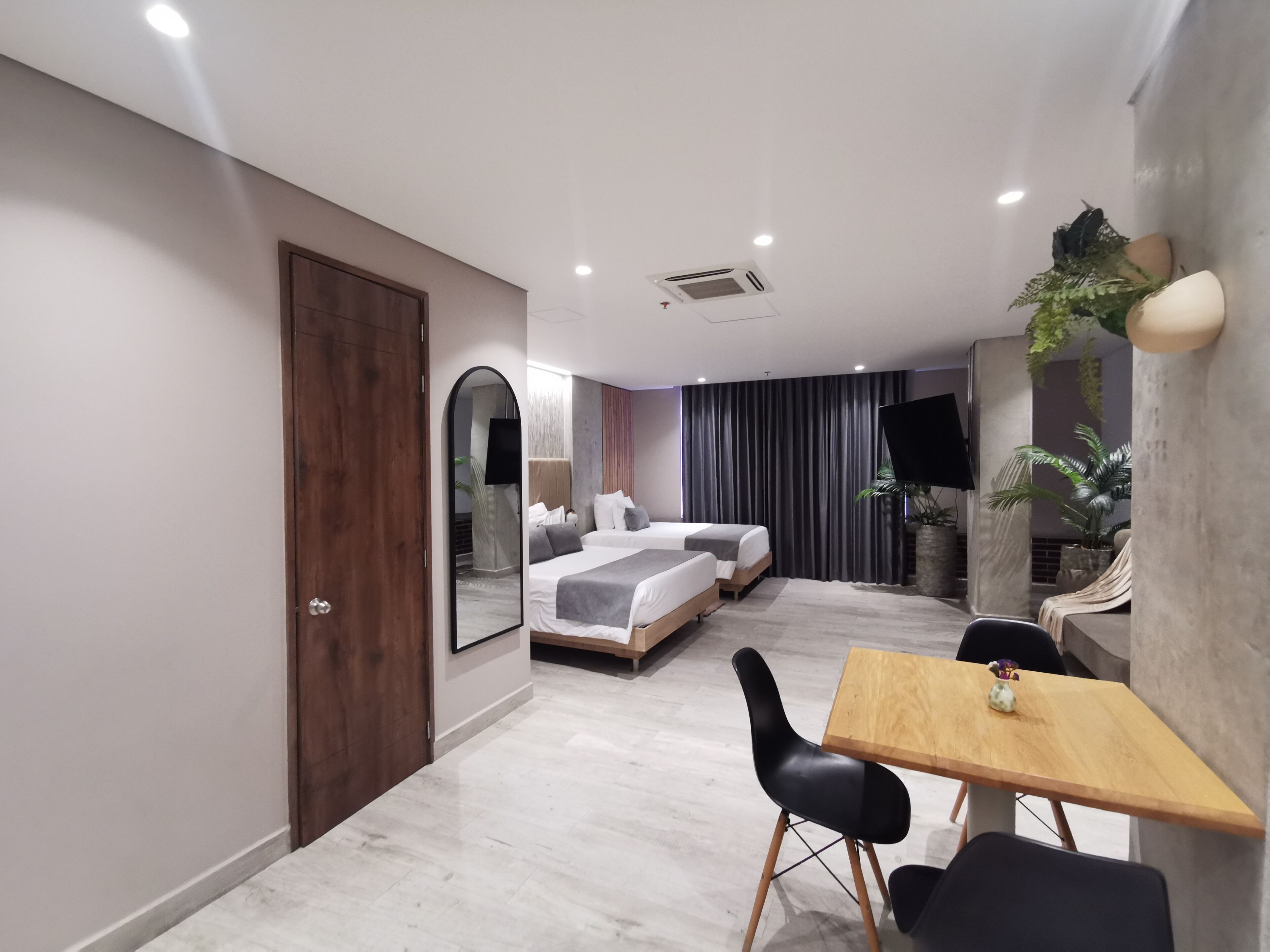 Una habitación de hotel moderna con una cama grande, un escritorio y una silla. Hay un espejo, un televisor y una planta en maceta.