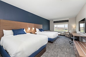 Desk, laptop workspace, blackout curtains, travel cot