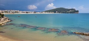 On the beach, sun-loungers