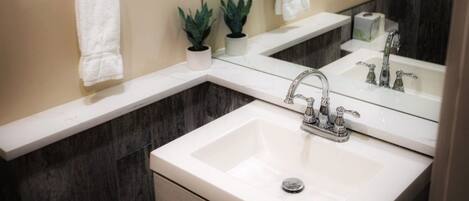 A bathroom with a white sink, a mirror, a towel rack, and a small potted plant.