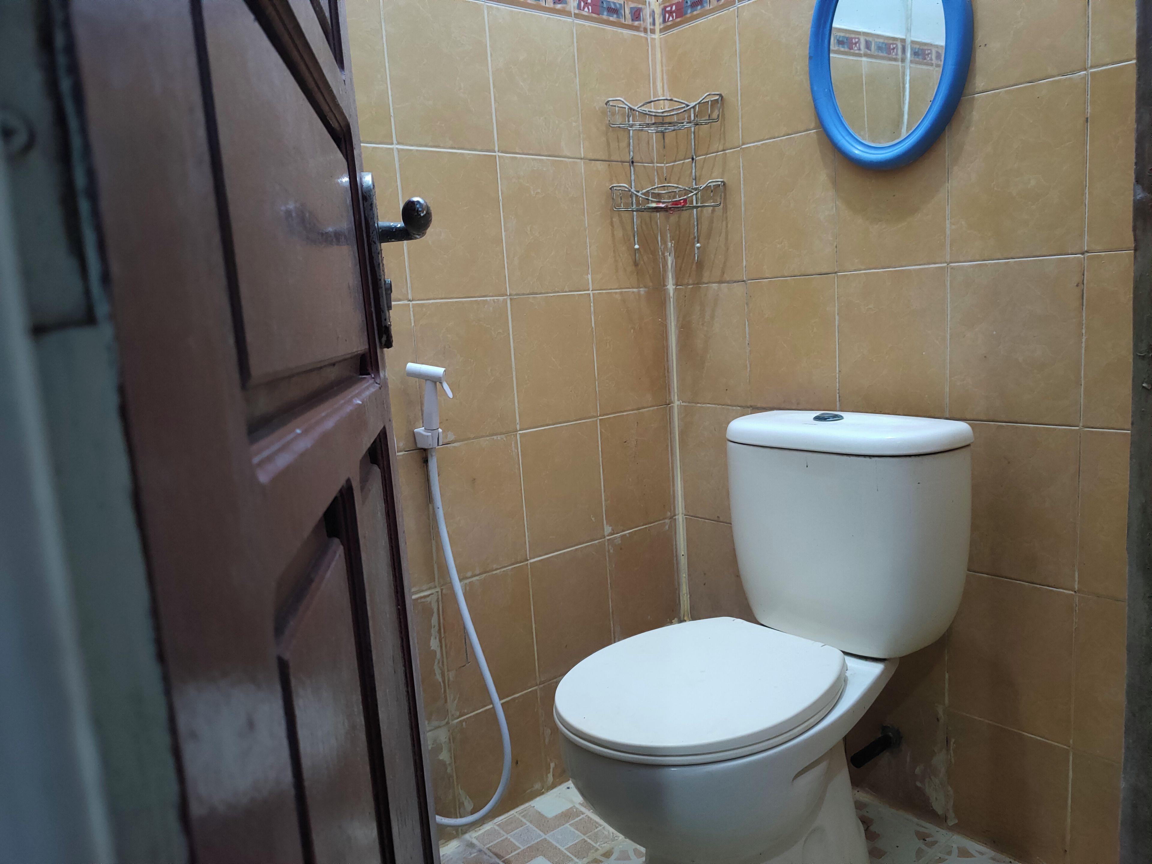 A bathroom with a toilet, a shower, and a mirror.