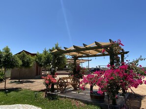 Un espacio al aire libre cubierto con un banco de madera, un carrito de madera y macetas con flores rosadas.