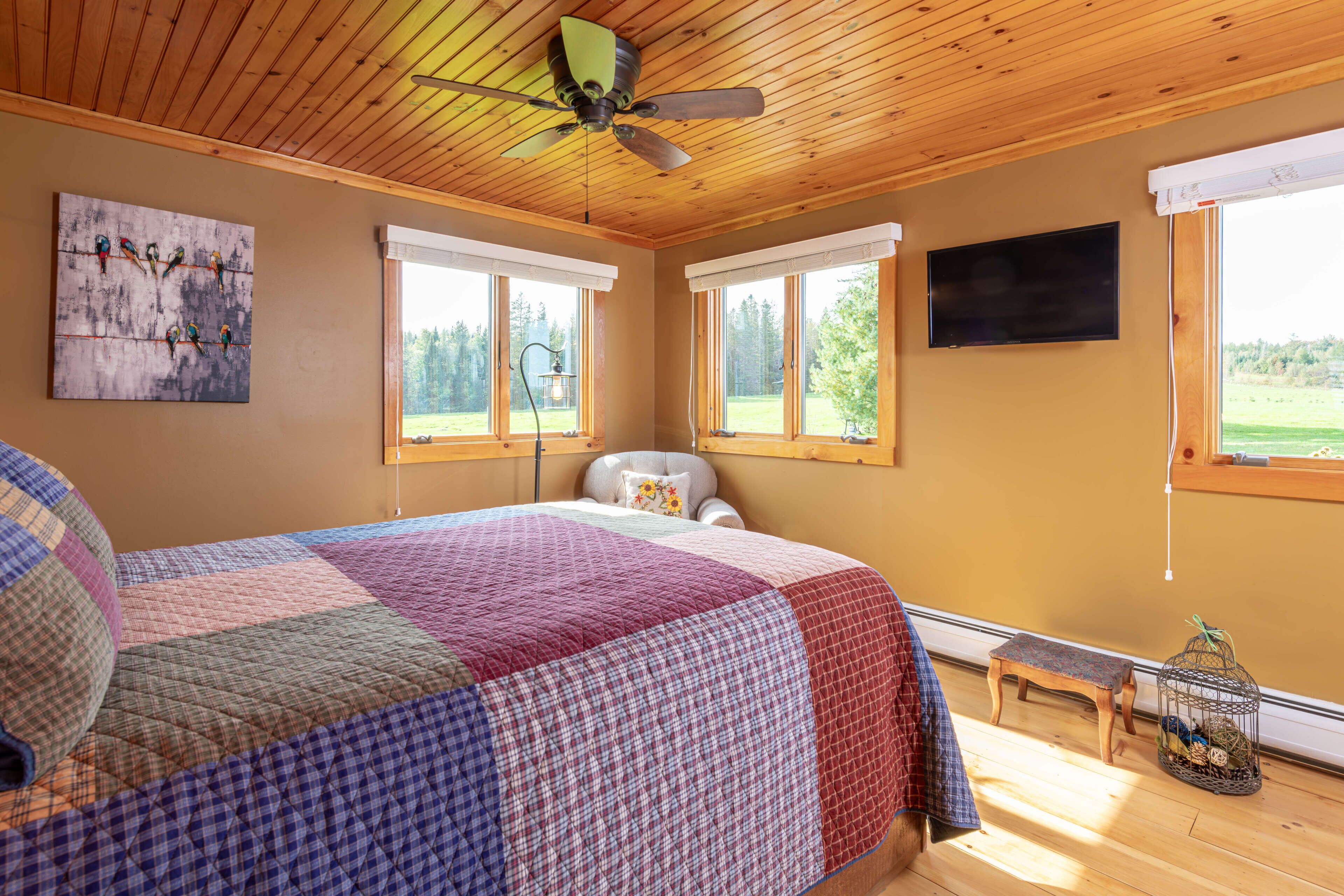 A bedroom with a large bed, a ceiling fan, a TV, and windows with blinds.