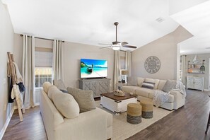 TV, fireplace, DVD player, video library