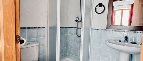 A bathroom with a shower enclosure, toilet, sink, and a mirror.