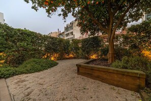 A landscaped garden with a gravel path, dense shrubbery, and a tree with orange fruits.