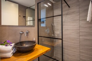 Shower, hair dryer, towels, toilet paper