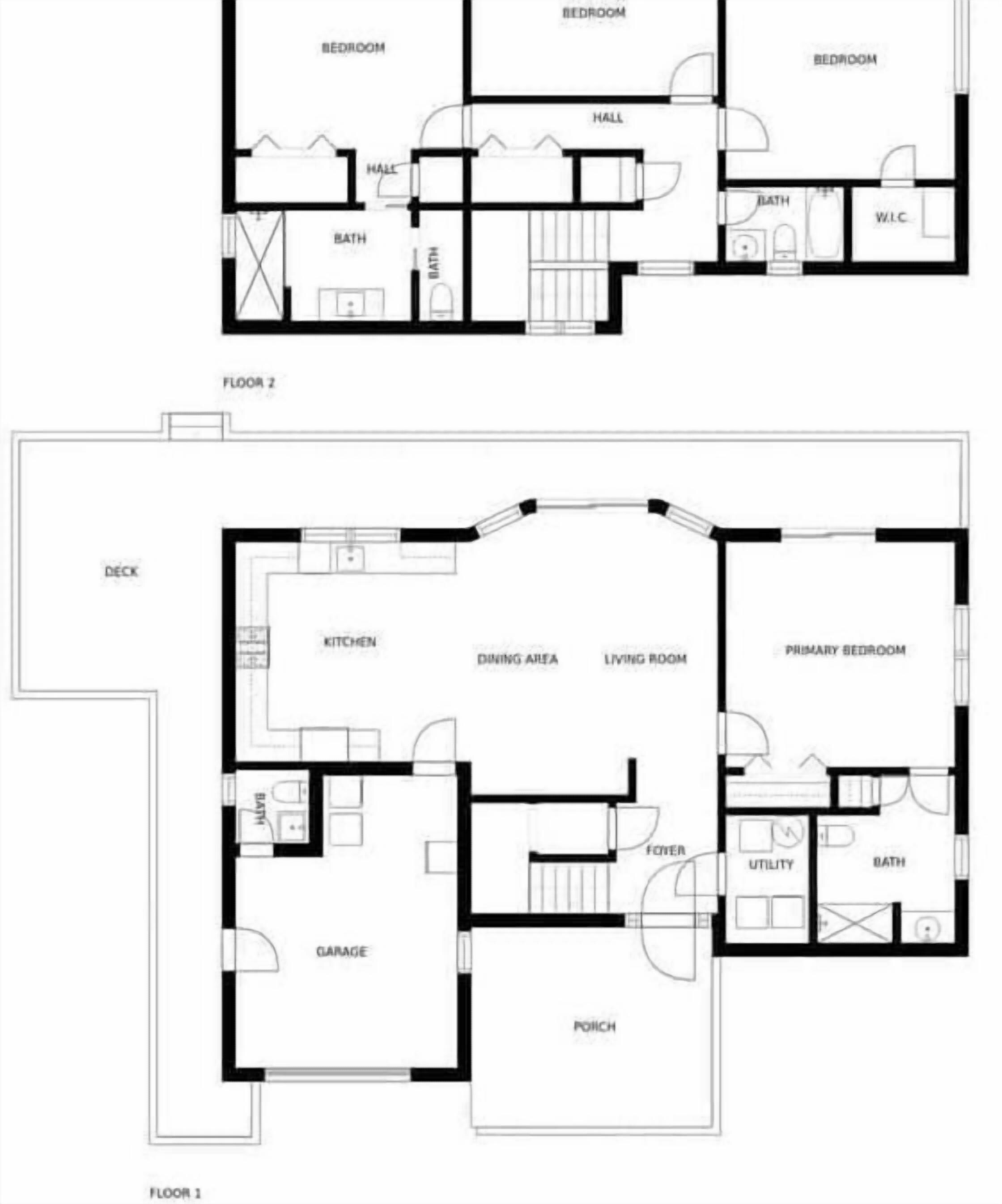 A floor plan of a two-story house with bedrooms, a hall, a bathroom, a kitchen, a dining area, a living room, a garage, and a porch.
