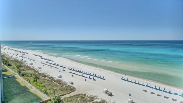 A beach with a row of beach chairs and umbrellas, a sandy shore, and a clear blue sky.