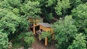 A wooden cabin with a balcony, surrounded by dense forest. - The Riverbirch Treehouse-close to town yet steps away from total wilderness (Nixa)