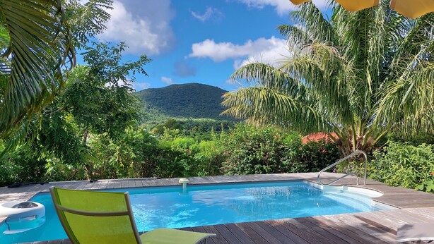 A wooden deck with a pool and a green chair.