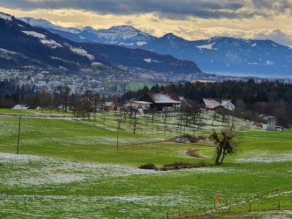 A rural landscape with snow-covered fields, houses, and mountains in the background. - Alpine view (Sigmarszell)