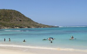 A beach with clear turquoise water, a sandy shore, and a hill in the background.