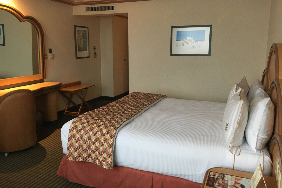 Une chambre d’hôtel avec un lit, un bureau, une chaise, un miroir et un tableau au mur.