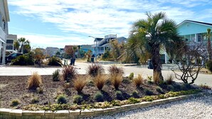 Un quartier résidentiel comprenant des maisons, un chemin piétonnier dallé et un jardin aménagé avec différentes espèces de plantes.