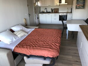 Une pièce de taille modeste comprenant un lit, une petite kitchenette et un coin repas.