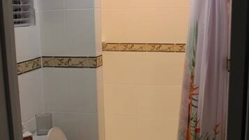 Douche, serviettes fournies, shampoing, papier toilette