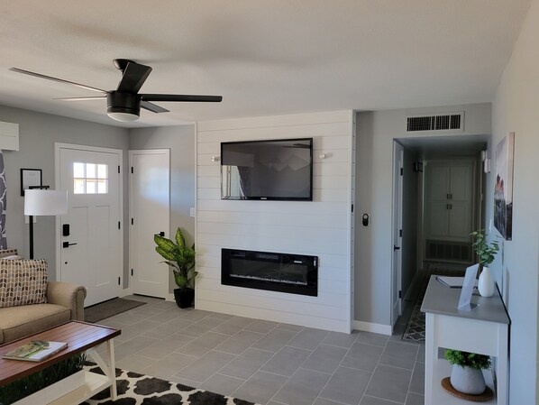 Smart TV, fireplace, video games, books