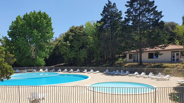 En swimmingpool med liggestole, omkranset af et hegn, og træer i baggrunden.